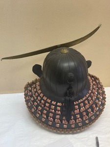 lot 12 image: DATE MASAMUNE SAMURAI ARMOR HELMET ON STAND