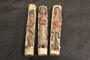 lot 209 image: TOTAL OF 3 HAND PAINTED CARVED WOOD INDIANS POLY STONE SCULPTURES&nbsp
