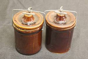 lot 213 image: TOTAL OF 2 VINTAGE POTTERY CHEESE CROCKS BROWN GLAZE STONEWARE&nbsp