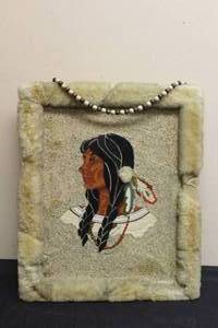 lot 169 image: 1970S NATIVE AMERICAN WOMAN INDIAN NEEDLE POINT FRAMED YARN ART , 24X20