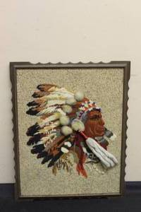 lot 255 image: VINTAGE 1970S NEEDLE POINT YARN FRAMED NATIVE AMERICAN MAN PORTRAIT 17.5 W x 22 T