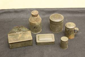lot 259 image: 6 PCS VINTAGE BRASS MINIATURE BREAD BOX MATCH HOLDER WATER JUG AND MORE