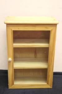 lot 8 image: WOODEN THREE TIER GLASS DOOR HANGING TABLE TOP DISPLAY CABINET ,17HX16.5WX11L