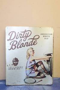 lot 65 image: VINTAGE TWIN PEAKS BREWING COMPANY AMERICAN WHITE ALE DIRTY BLONDE METAL ADVERTISING SIGN 20TALL&nbsp x 16W