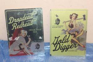 lot 87 image: 2 TWIN PEAK BREWING CO METAL AD SIGN DROPDEAD REDHEAD AND GOLD DIGGER&nbsp