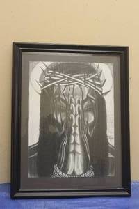 lot 138 image: RELIGIOUS ART DRAWING IN WOOD FRAME SIGNED MICHAEL HAWKINS , 27H X 20
