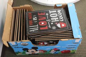 lot 102 image: TOTAL OF 35 PLUS , ALL YOU NEED IS LOVE &amp HOT COCOA 14H WOOD STANDING SIGNS , 242443 TOTE INCLUDED&nbsp