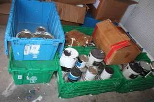 lot 247 image: GENEROUS AMOUNT OF GOOD TO USE ASSORTED SIZE AND COLOR INTERIOR&nbsp PAINT TOTES INCLUDED